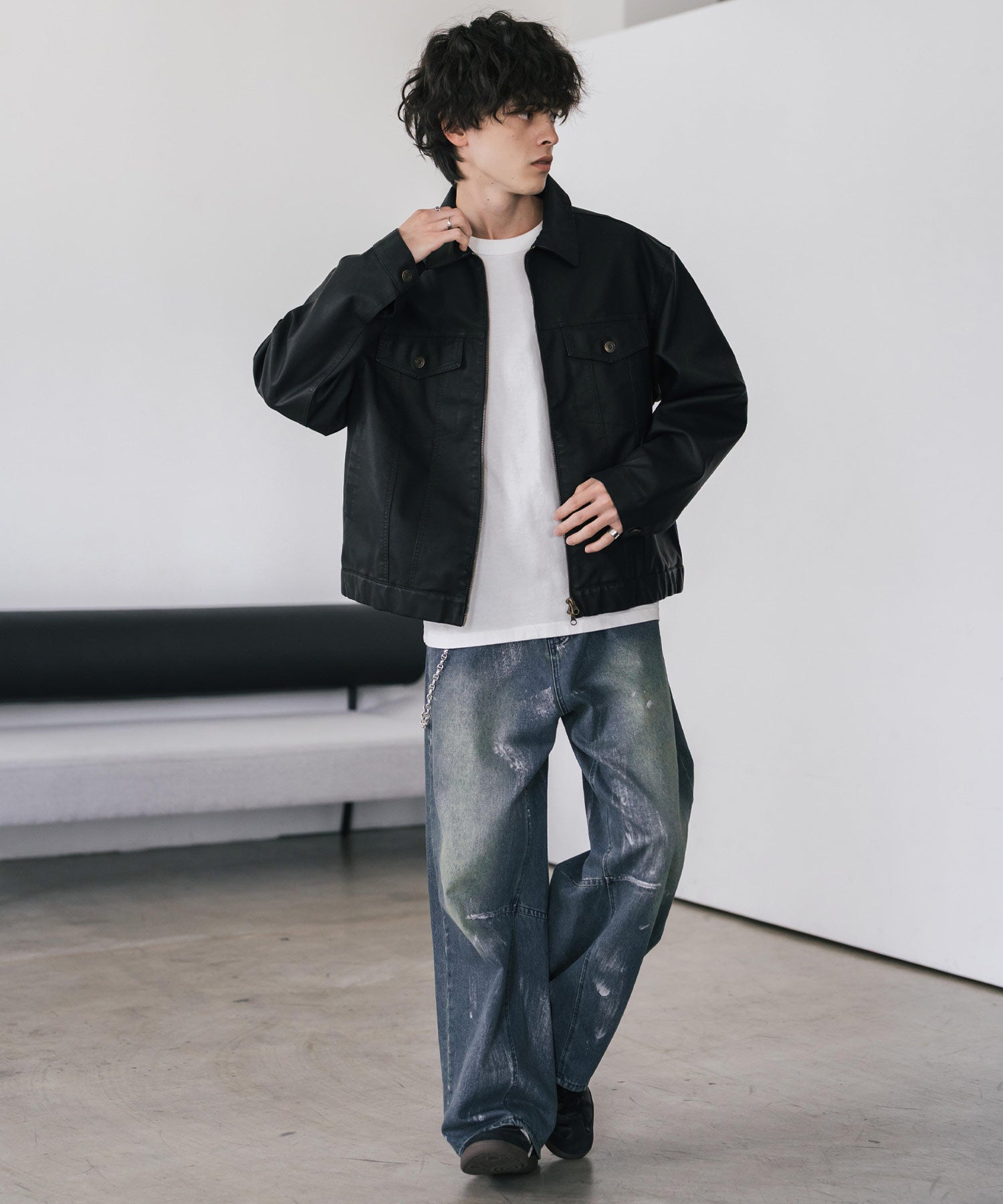 ヴィンテージ加工PUレザーダブルジップショートジャケット/3rdタイプ