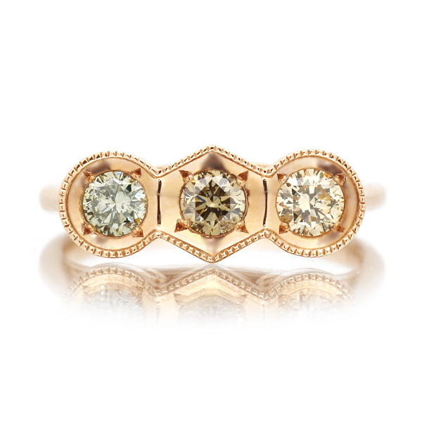 限定1本 K18PG 0.53ct マルチカラーダイヤモンド 3石 リング 10号