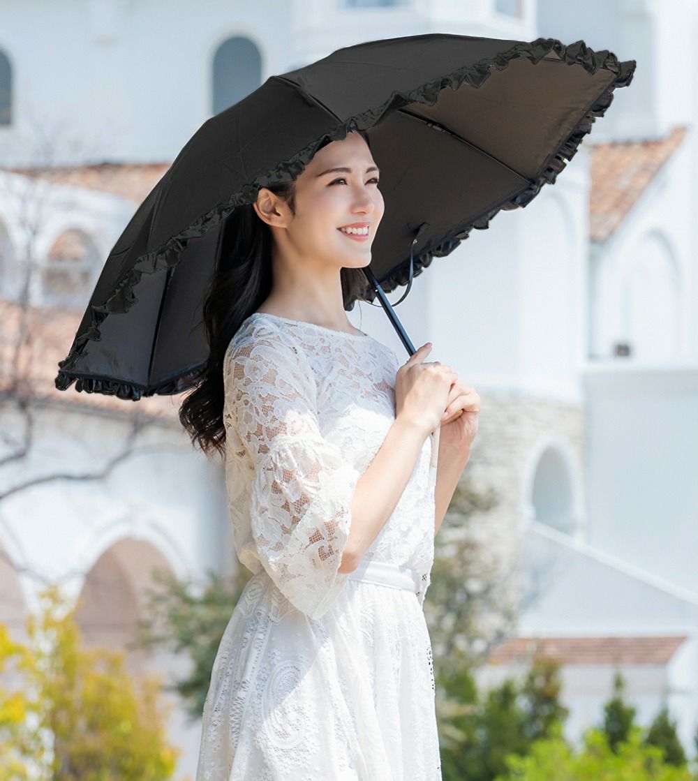 ももな SUN BARRIER 100 フリル付き折り畳み日傘 ブラック SUN