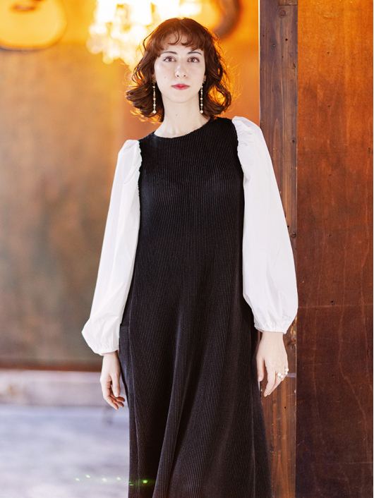 ストレッチタフタ切替 パフスリーブ シャトルワンピース｜SPECCHIO公式