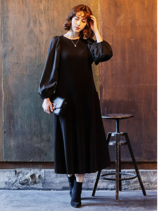 ストレッチタフタ切替 パフスリーブ シャトルワンピース｜SPECCHIO公式