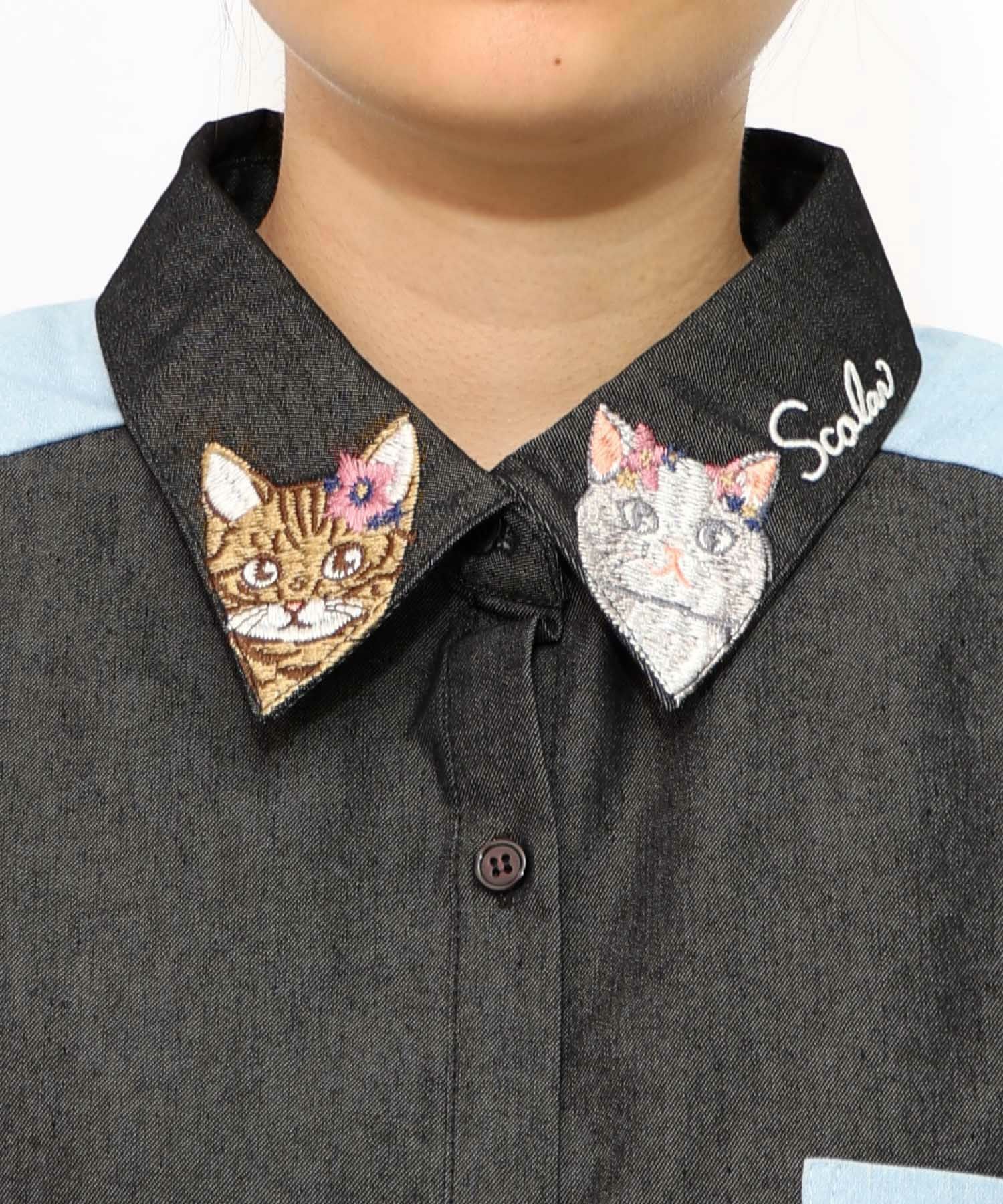 153617：ネコ刺繍襟シャンブレーシャツの通販-ScoLar
