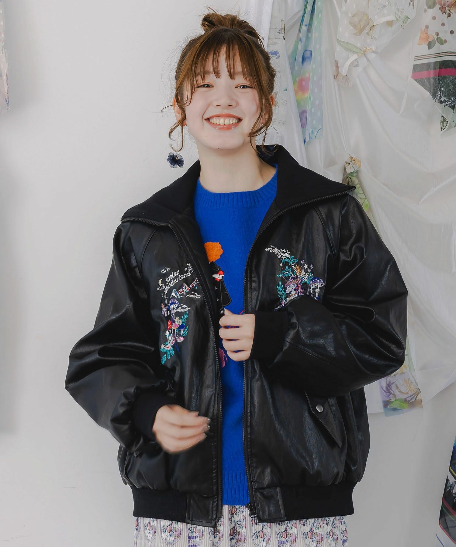 153635：スカラーとキノコ刺繍 合皮ブルゾンの通販-ScoLar