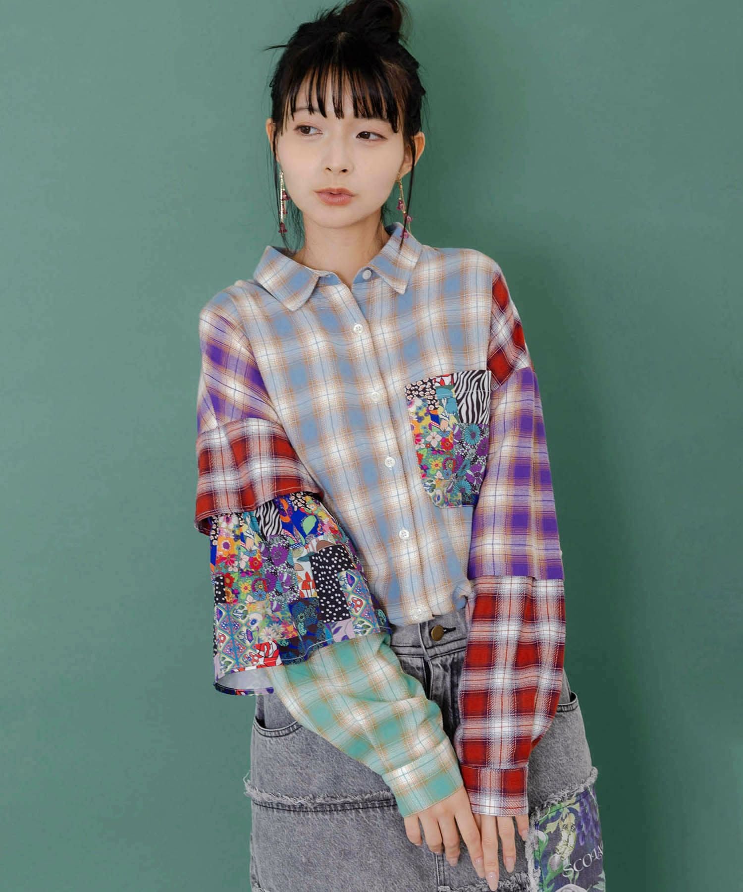 153687：チェックと総柄のアシメパッチワークシャツの通販-ScoLar