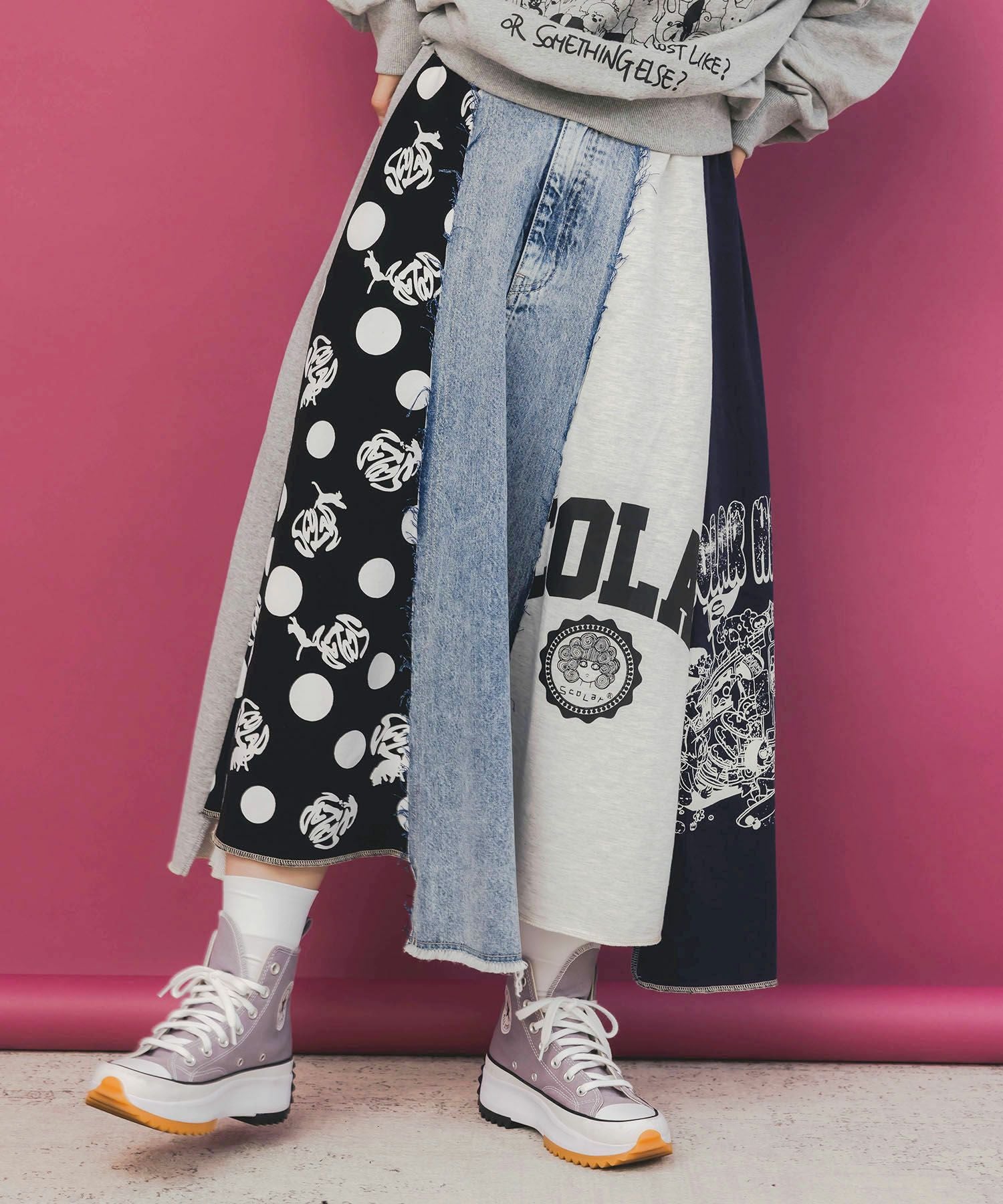 153717：スカラーリメイク風 異素材切替デニムスカートの通販-ScoLar