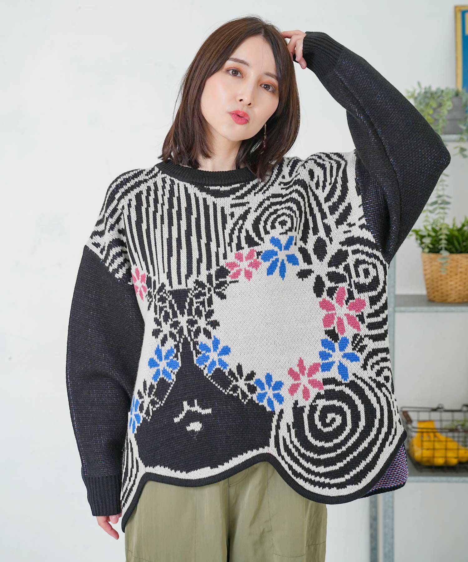 153726：グラサンスカラーちゃんダブルジャガードニットプルオーバーの