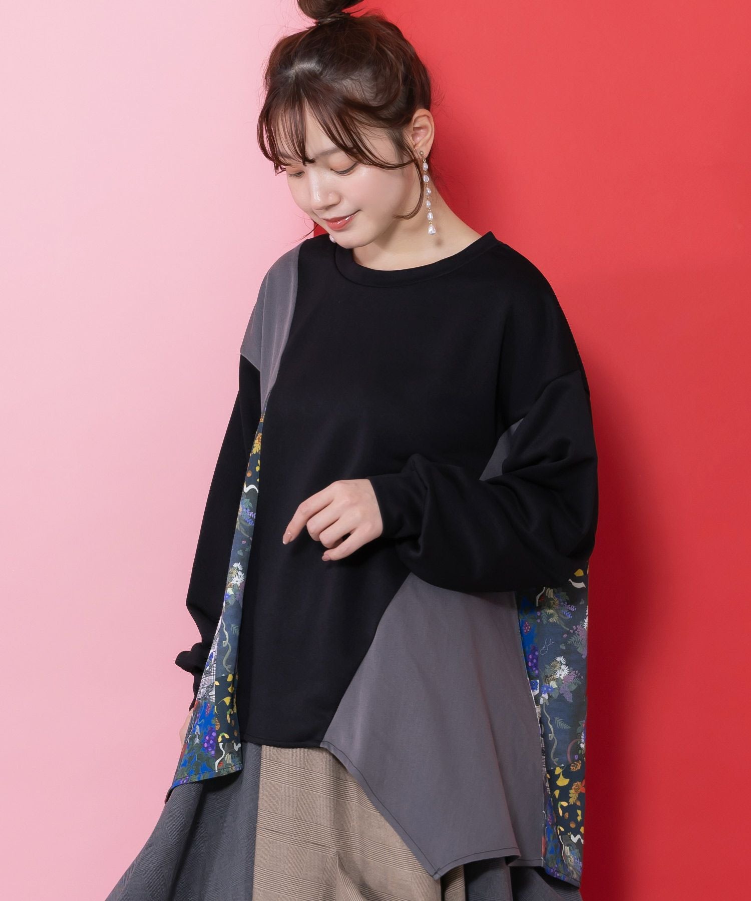 553274：花柄素材切替タートルネックワンピースの通販-ScoLar