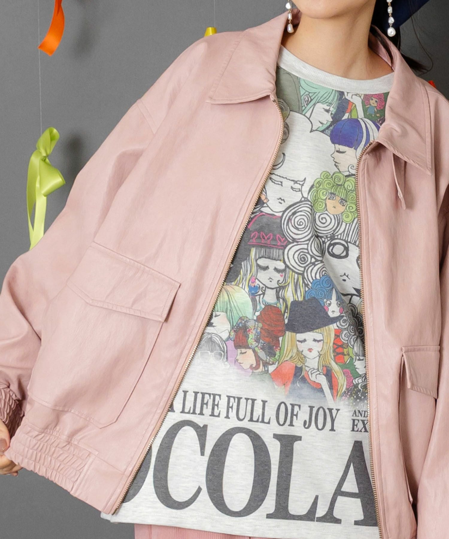 153771：ネコ刺繍フェイクレザー×裏地ブルゾンの通販-ScoLar