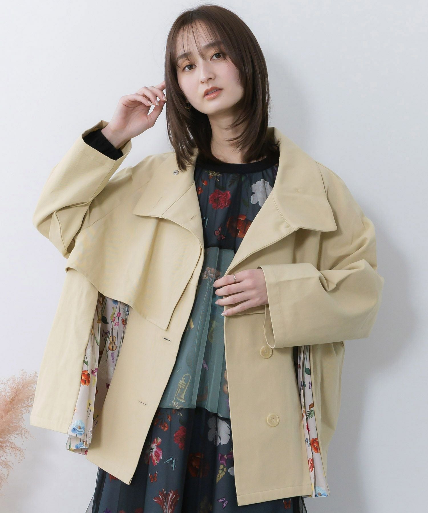 561214：クラシカル柄プリーツ×ツイルトレンチ風コートの通販-ScoLar