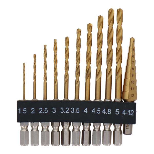 DC4A 穴あけ ステップドリル 11pcs.六角軸チタンコーティングドリル