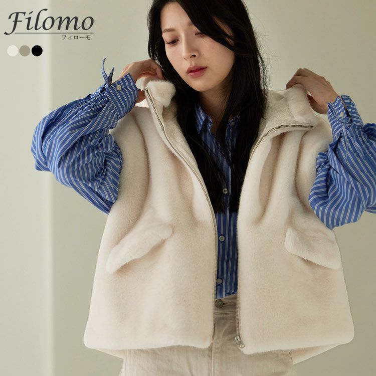 Filomo ミンク調 フェイクファー ベスト フード付き レディース