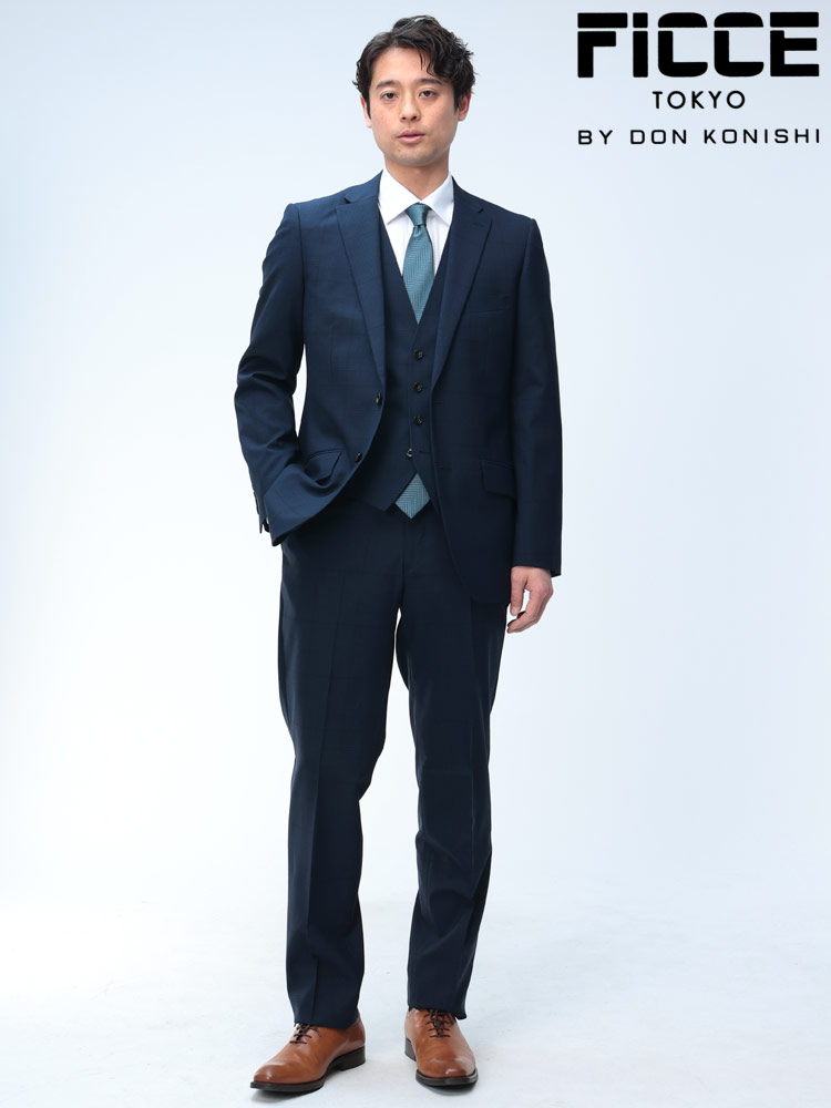 スーツ ウール混 シングル ノータック スリーピース ベスト付き メンズ