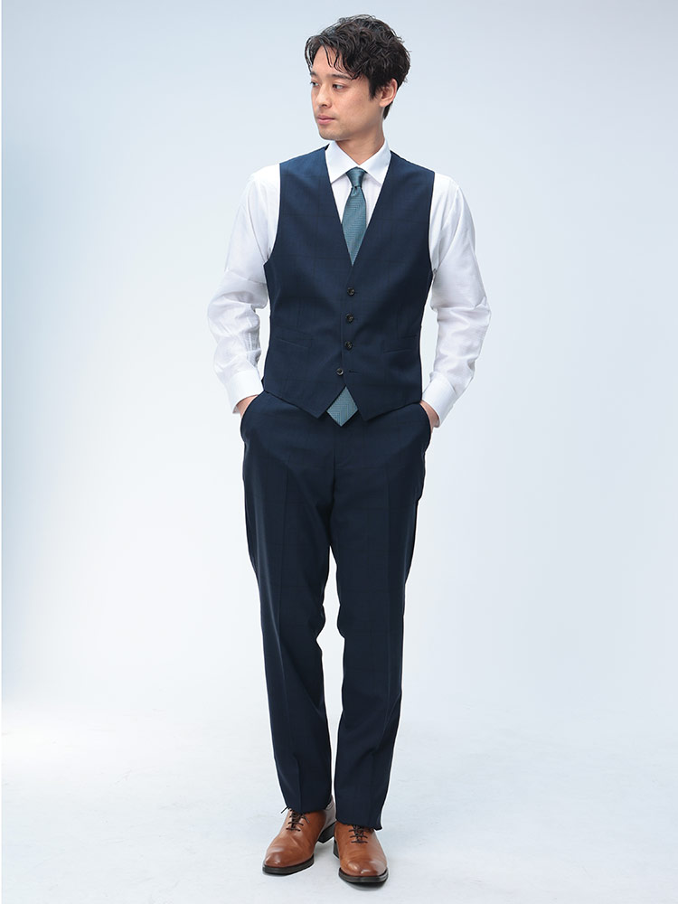 スーツ ウール混 シングル ノータック スリーピース ベスト付き メンズ