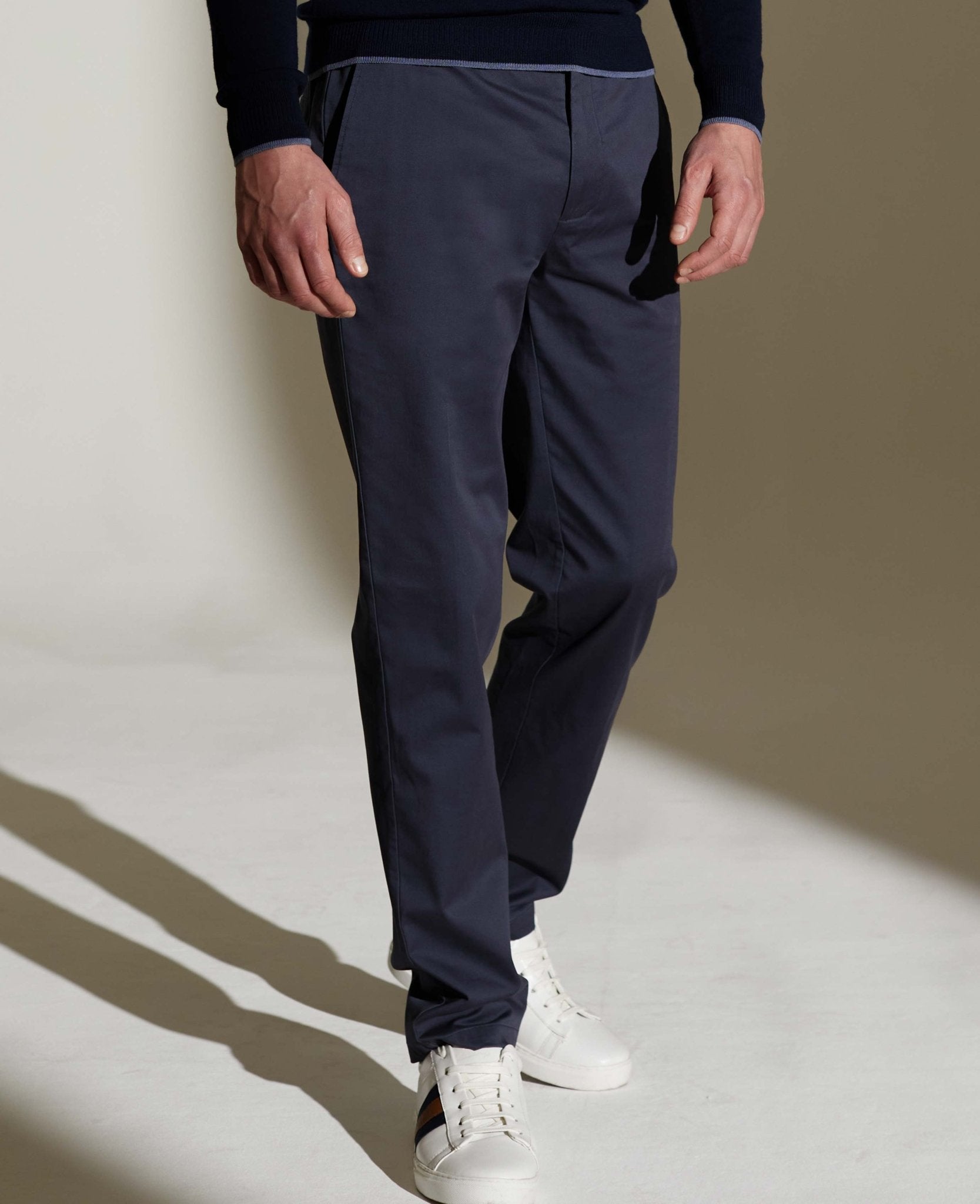 Men's Navy Stretch Cotton Classic Fit Flat Front Chinos | Savile