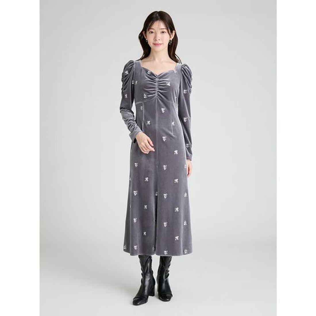 セルフォード CELFORD 花柄刺繍ベロアワンピース （GRY
