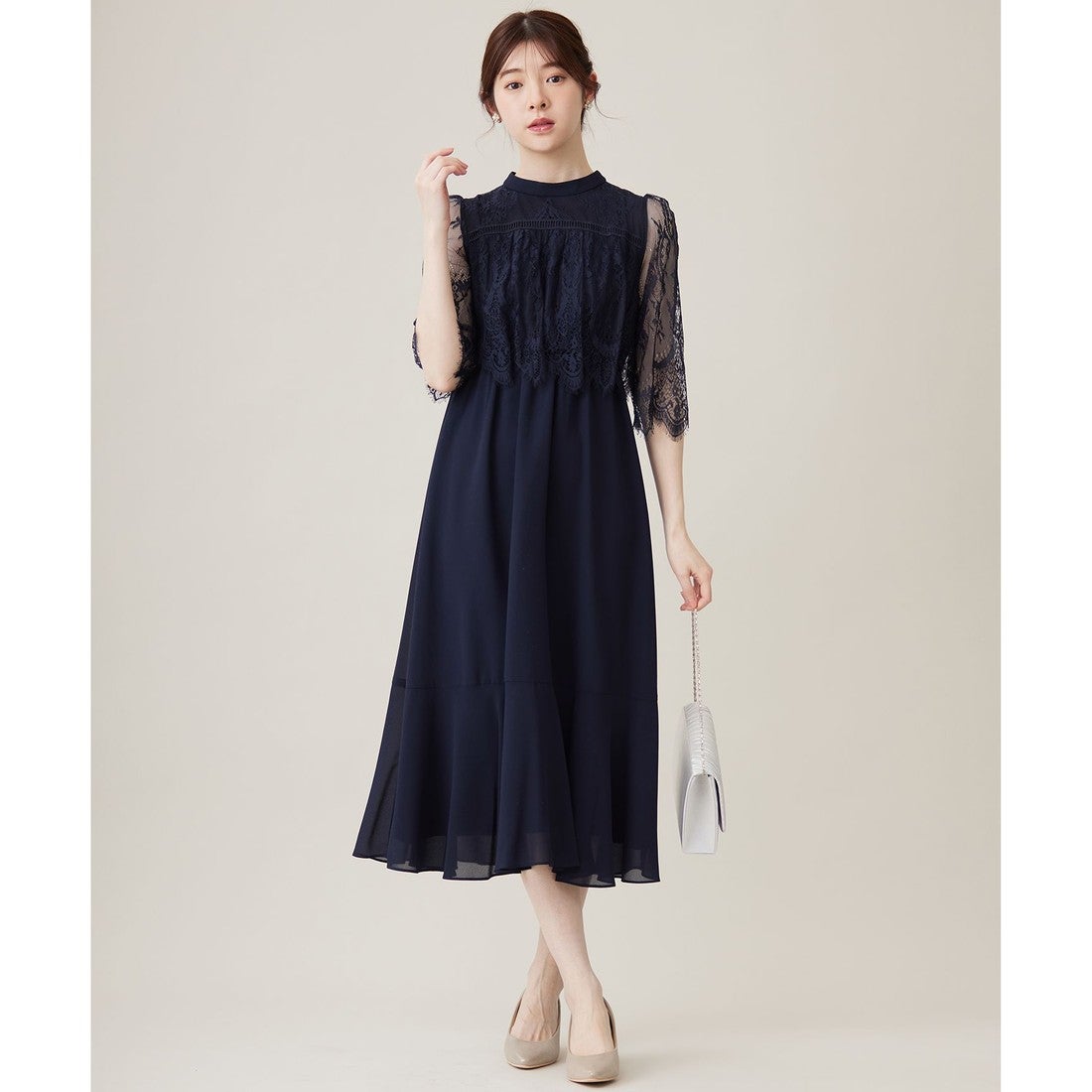 ANY SIS 【洗える】レーシーケープ ドレス （ネイビー） -ファッション
