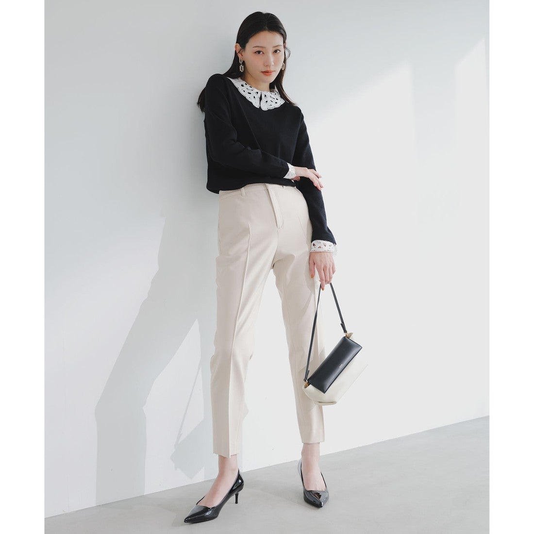 ANY SIS 【洗える】レース襟 ニット （ネイビー） -靴＆ファッション