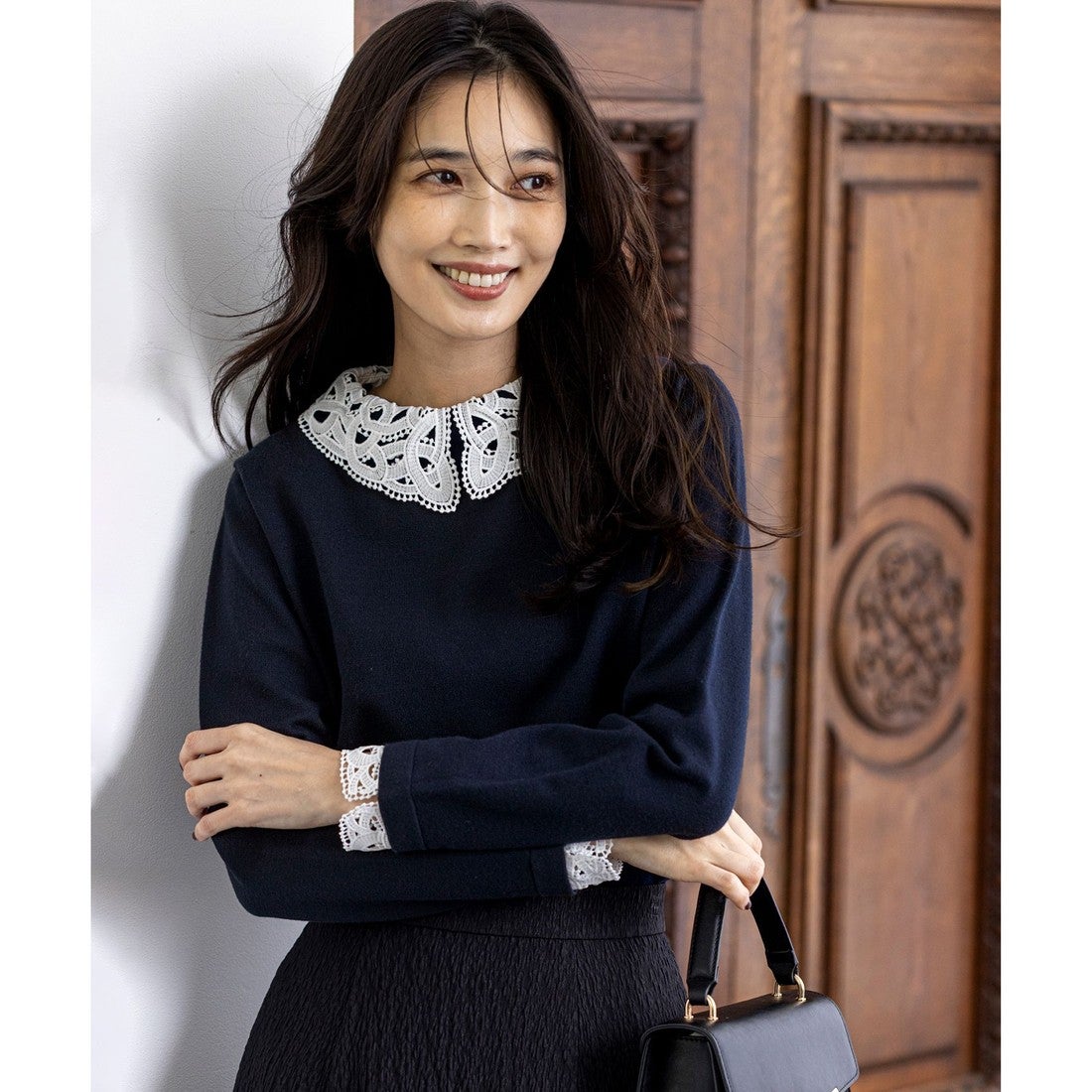 ANY SIS 【洗える】レース襟 ニット （ネイビー） -靴＆ファッション