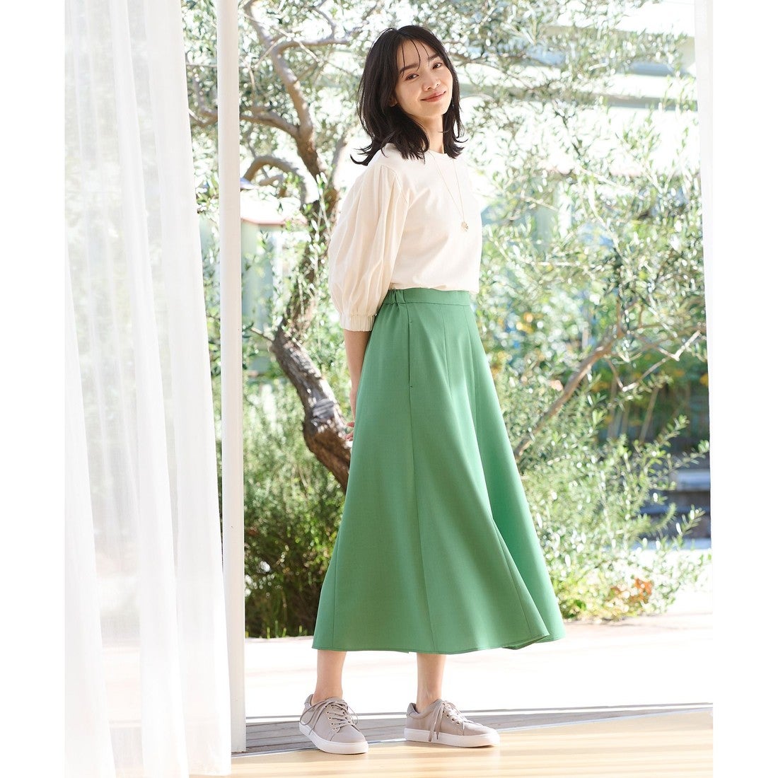 ANY 【洗濯機可】リネンライクオックス フレアスカート （グリーン