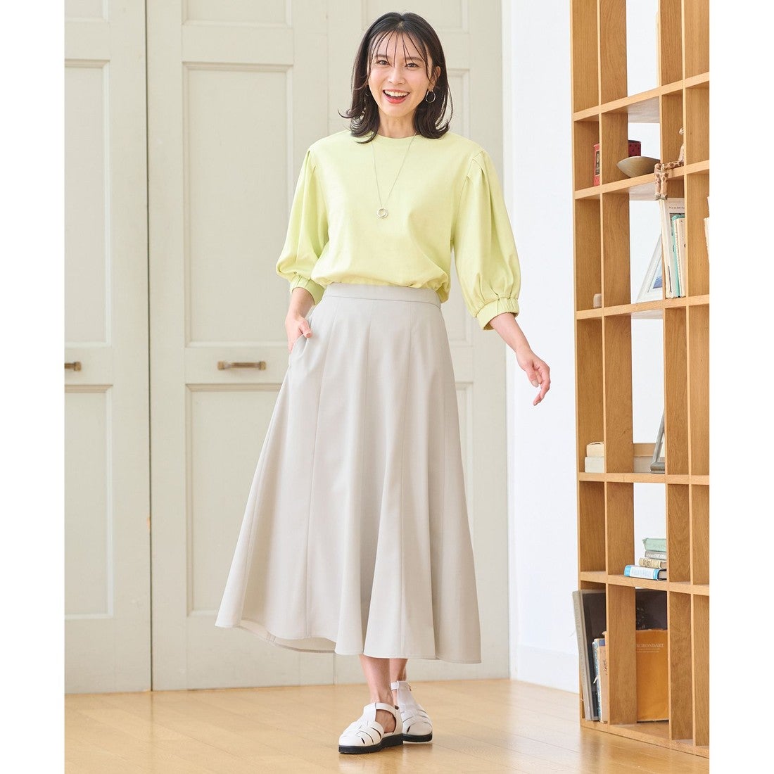 ANY 【洗濯機可】リネンライクオックス フレアスカート （グリーン