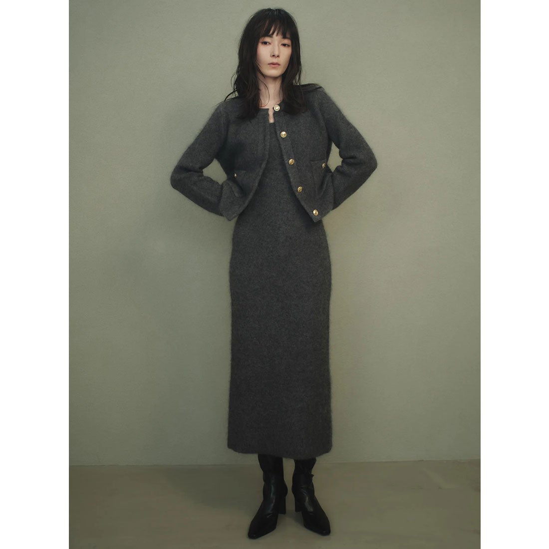 アニュアンス anuans カシミヤブレンドノーカラーニットジャケット