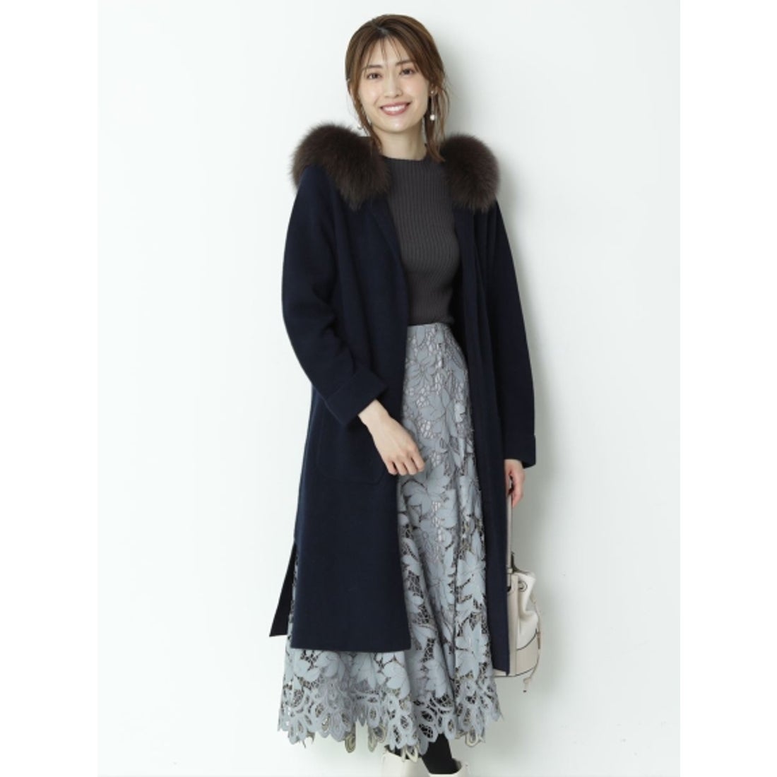 Apuweiser-riche フードファー付コーディガン （チャコールグレー