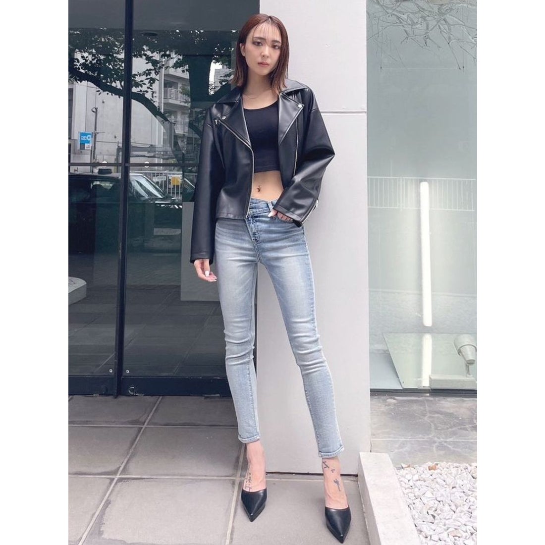 GYDA ペプラムライダースジャケット（ブラック） -ファッション通販