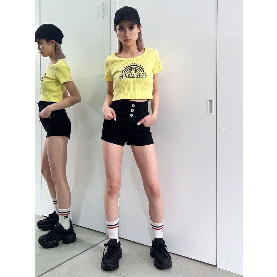 ジェイダ GYDA ハイウエストボタン stretchy カラーショートパンツ