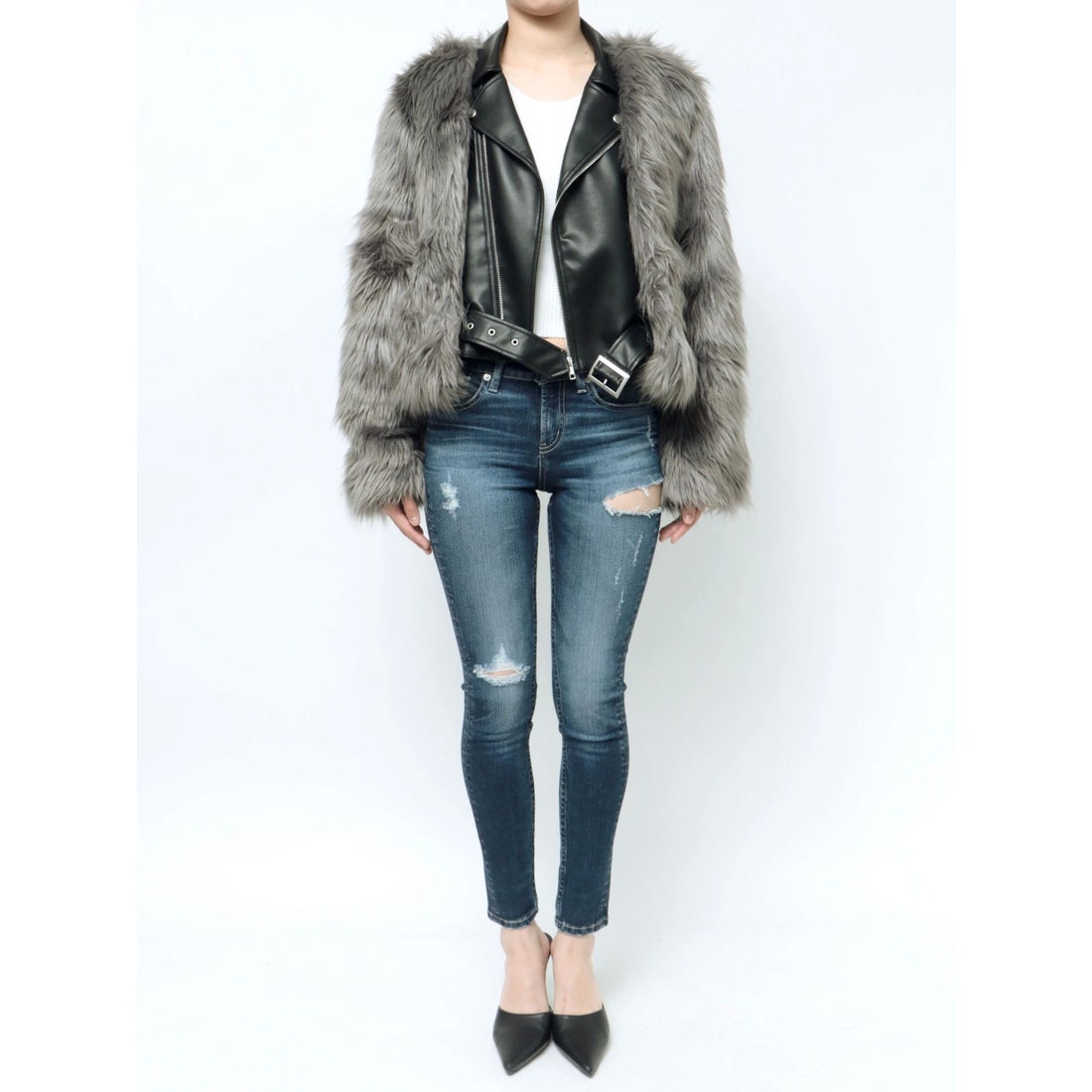 ジェイダ GYDA レイヤードエコファーライダースジャケット （GRY） -靴