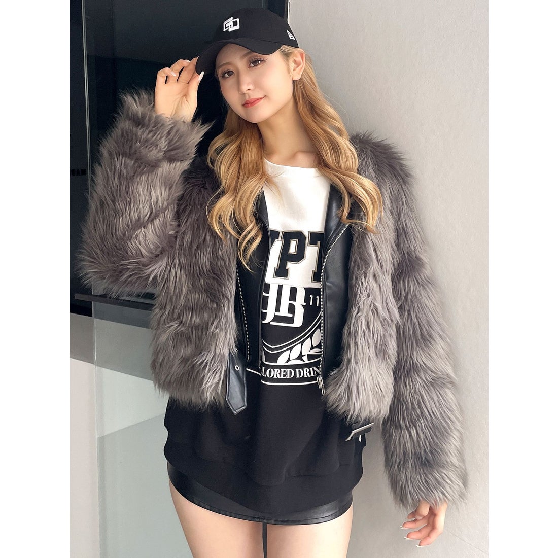 ジェイダ GYDA レイヤードエコファーライダースジャケット （GRY） -靴