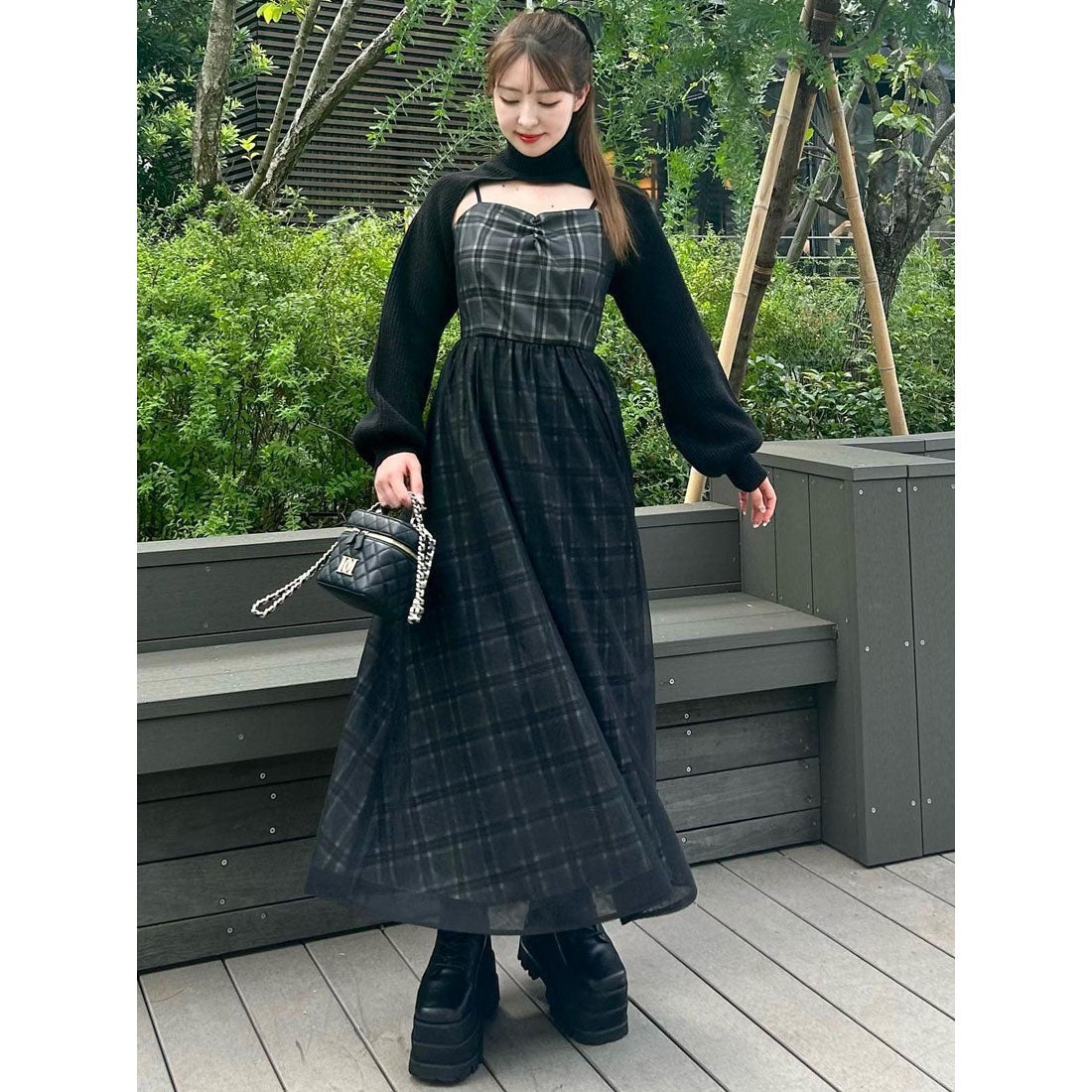 ダーリッチ Darich チュールドッキングチェックワンピース （ブラック