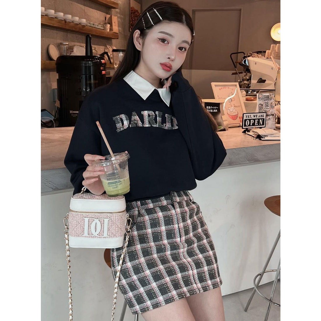 ダーリッチ Darich チェックツイードミニスカート （グレー） -靴