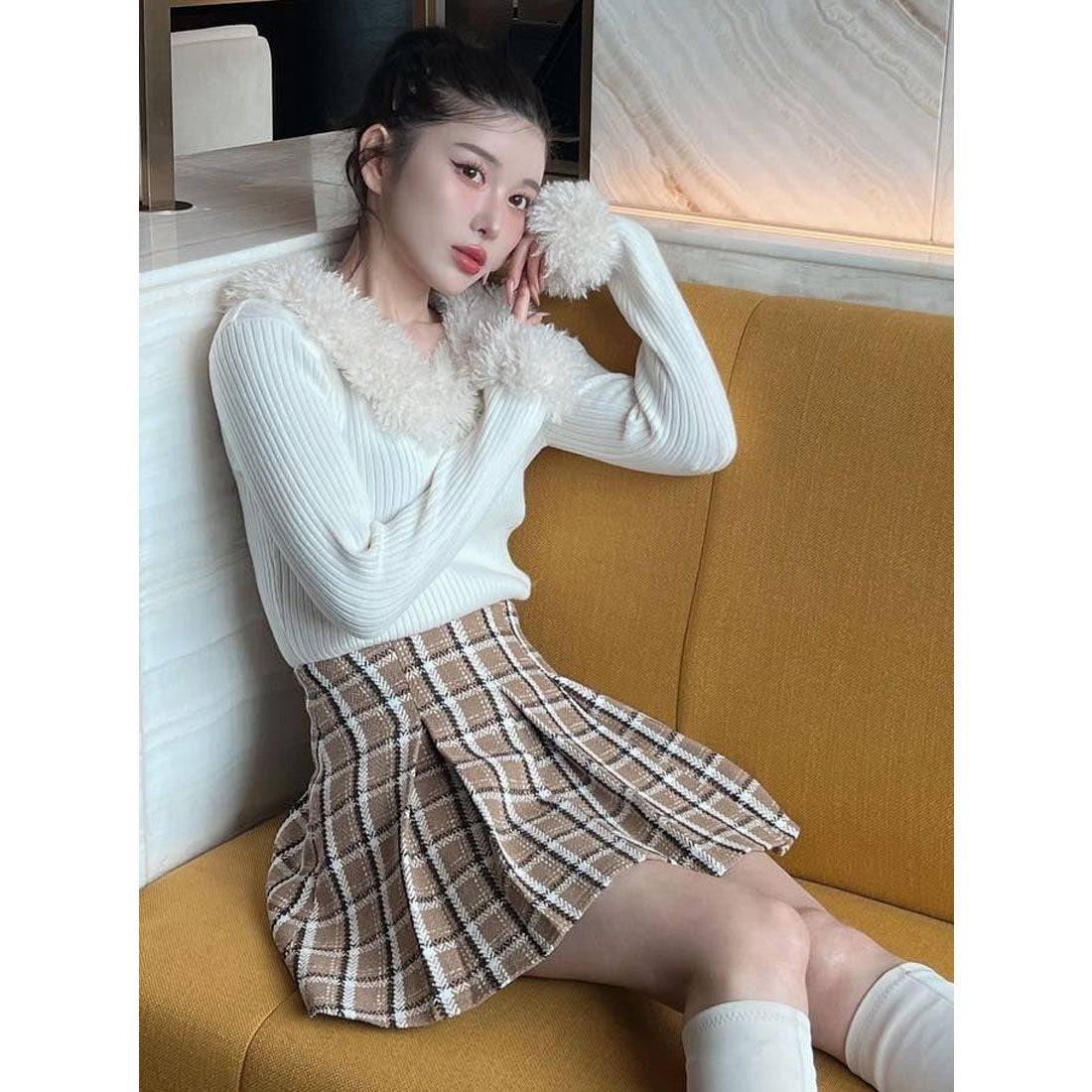 ダーリッチ Darich チェックツイードフレアミニスカート （ベージュ