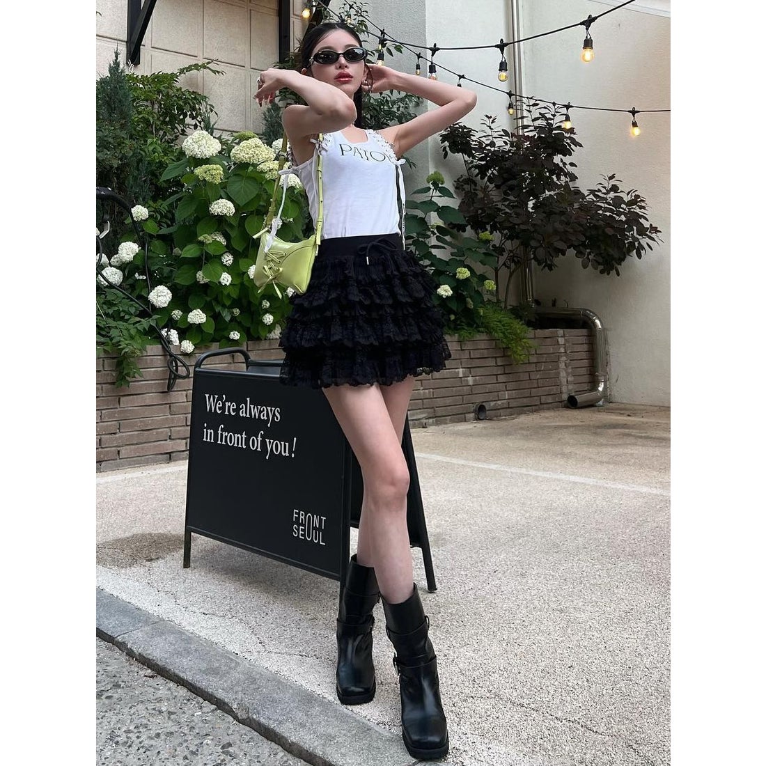 ダーリッチ Darich ボリュームレースフレアミニスカート （ブラック