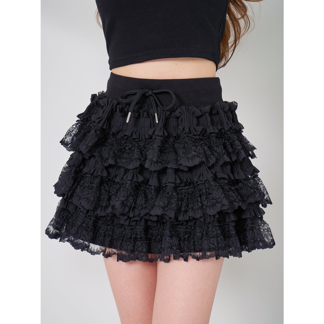 ダーリッチ Darich ボリュームレースフレアミニスカート （ブラック
