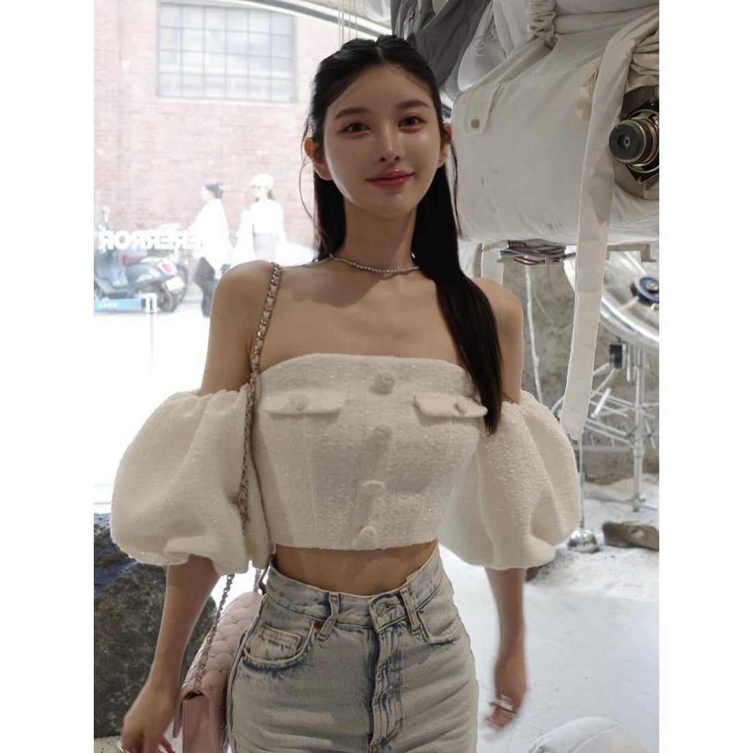 ダーリッチ Darich パフスリーブオフショルツイードトップス