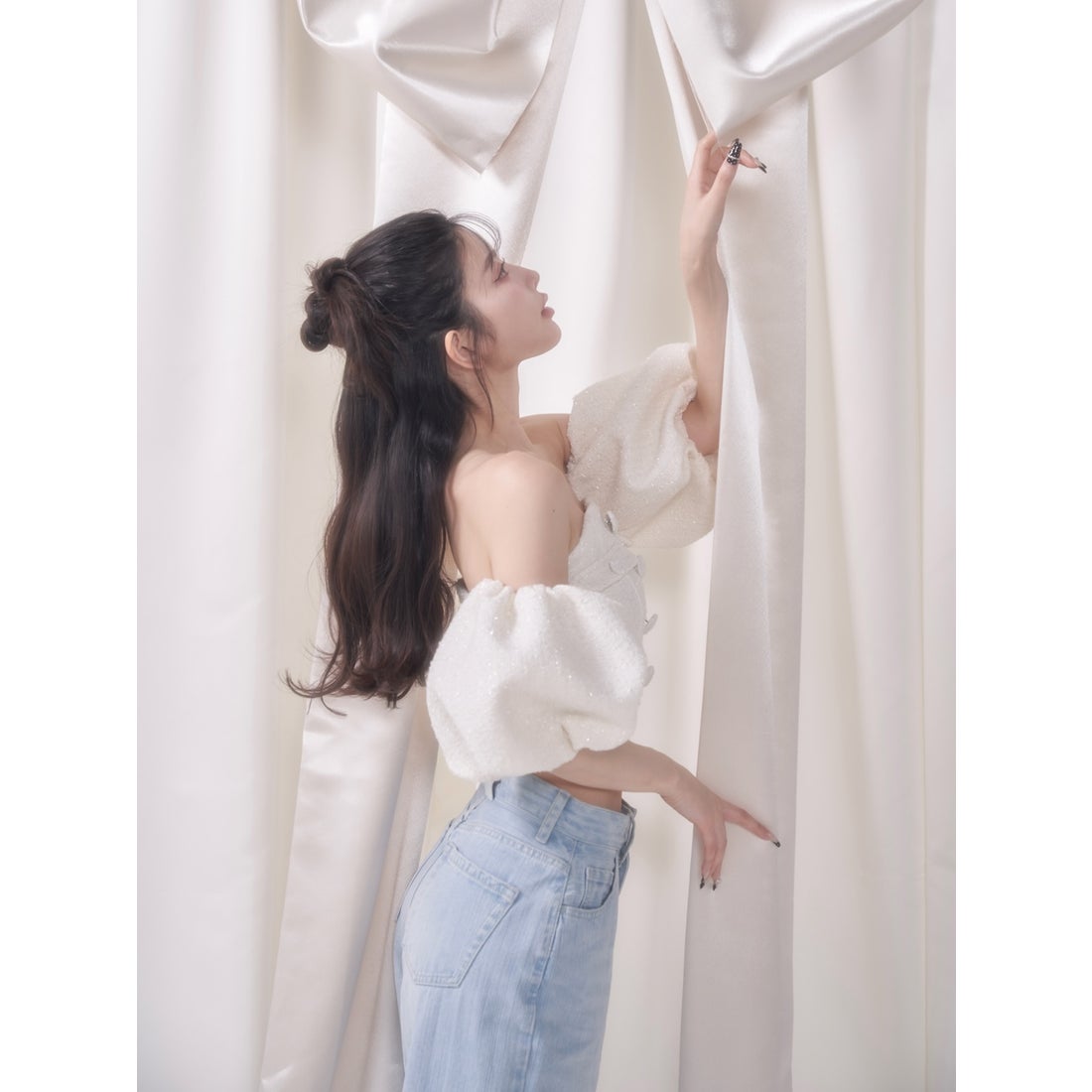 ダーリッチ Darich パフスリーブオフショルツイードトップス