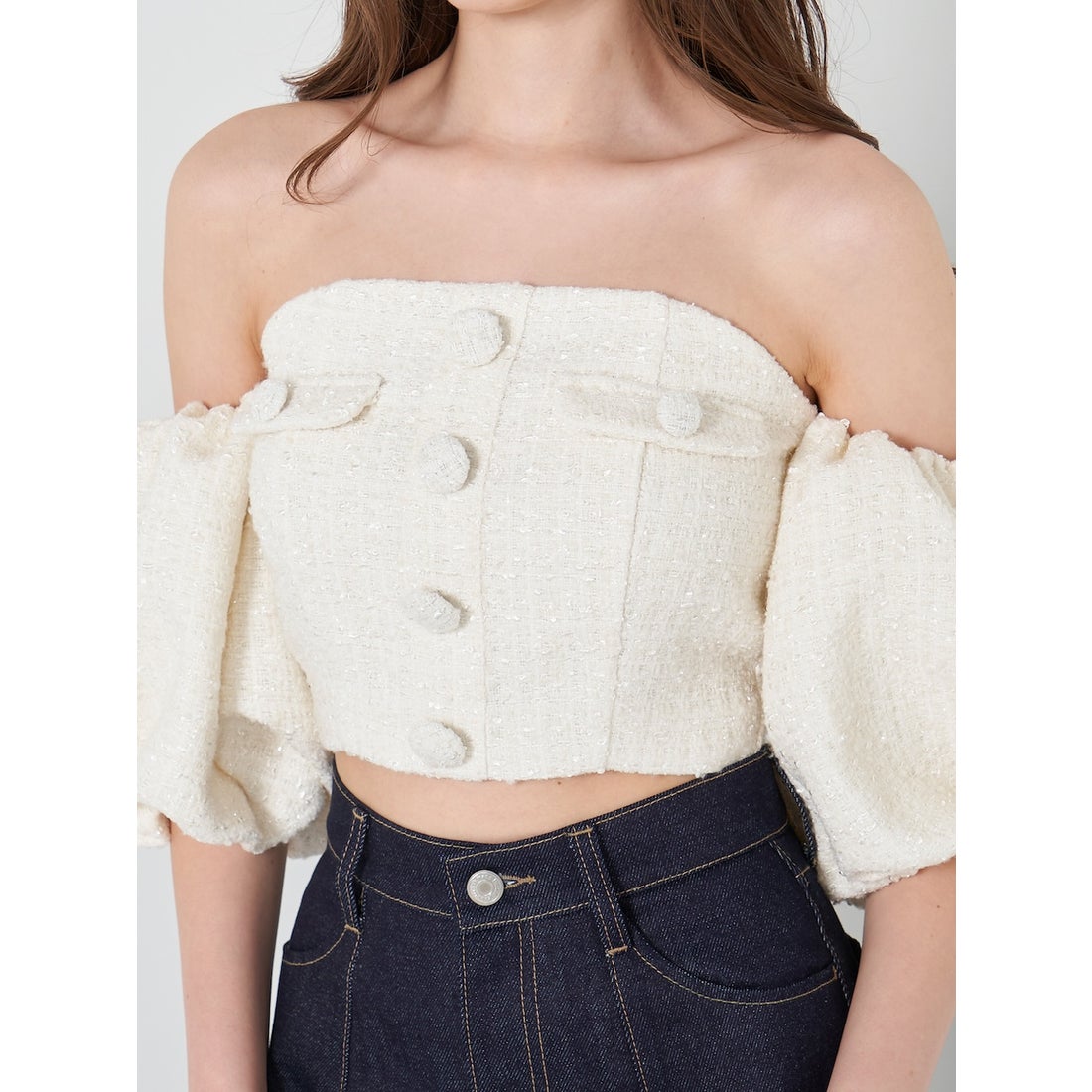 ダーリッチ Darich パフスリーブオフショルツイードトップス