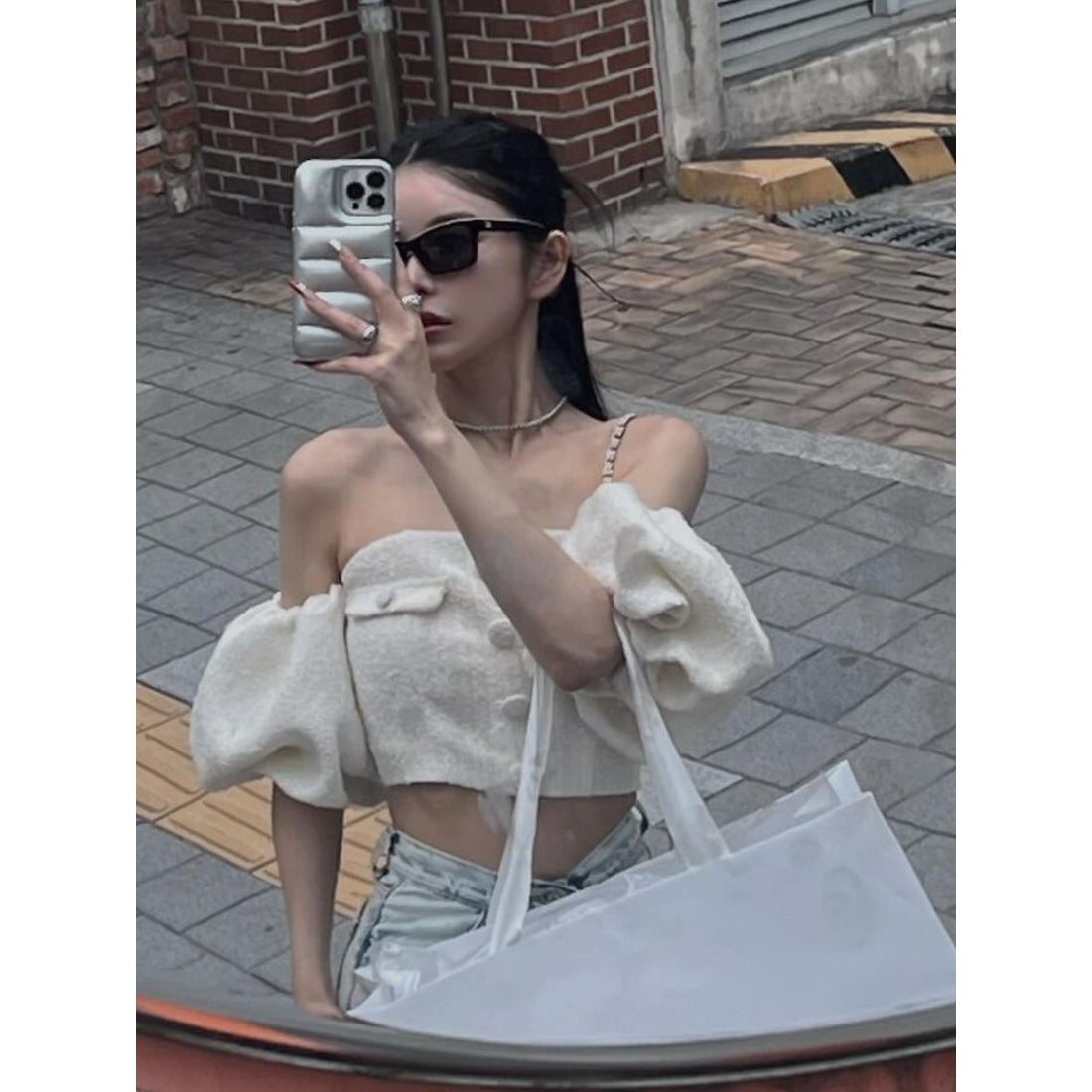 ダーリッチ Darich パフスリーブオフショルツイードトップス