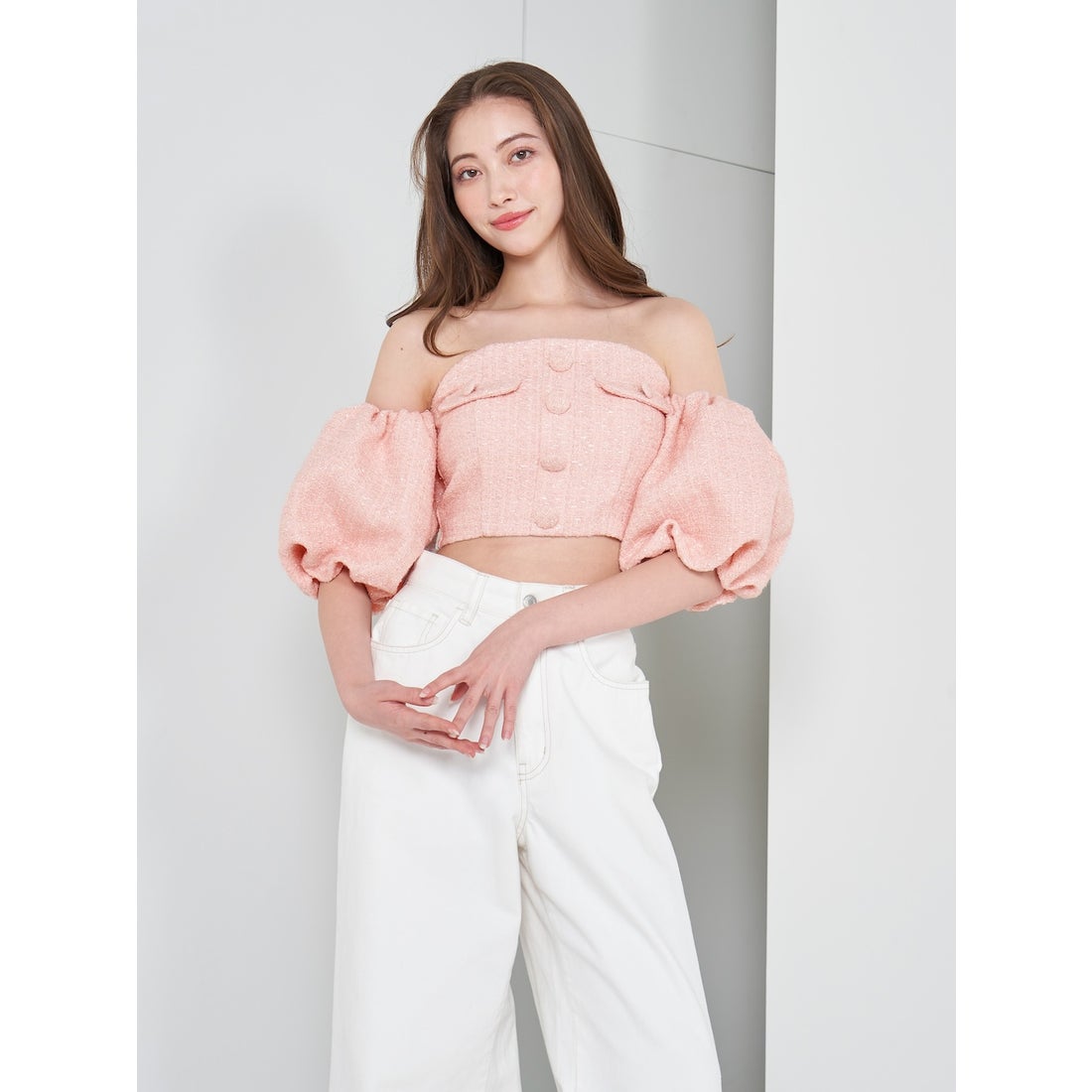 ダーリッチ Darich パフスリーブオフショルツイードトップス （ピンク