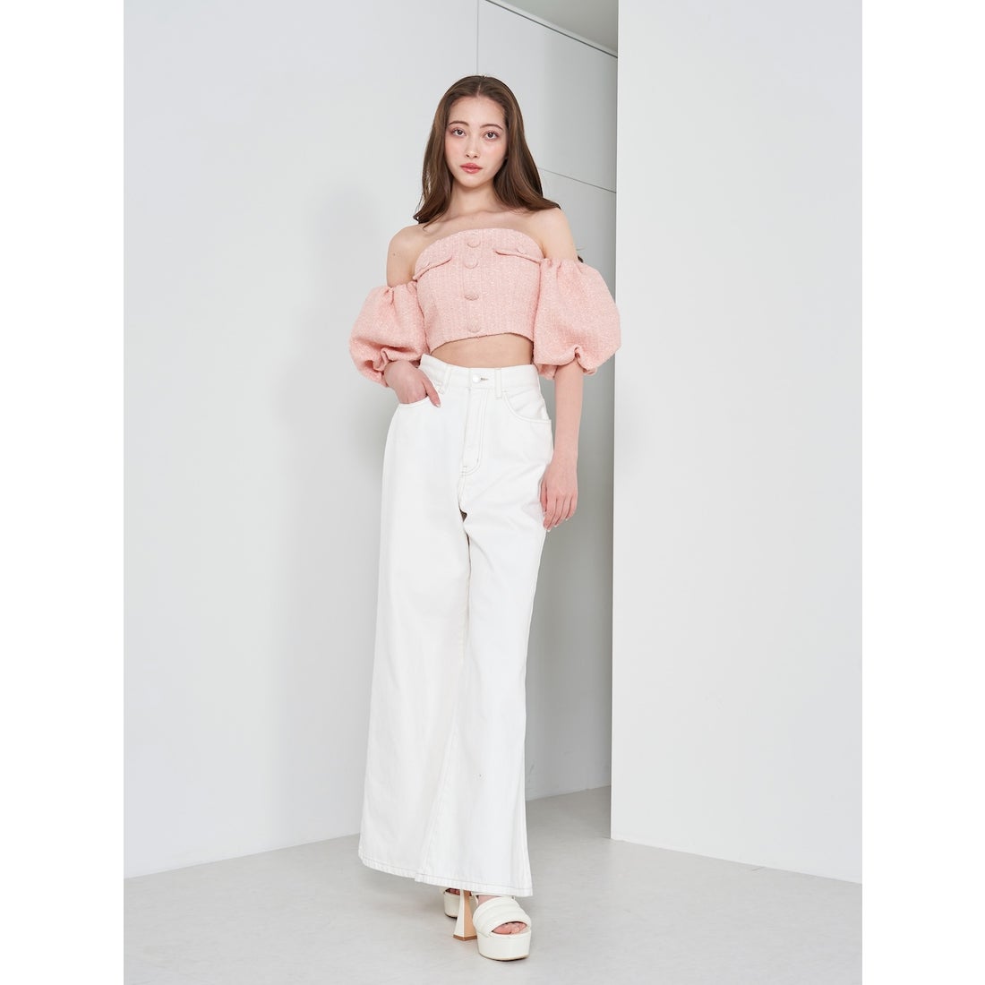 ダーリッチ Darich パフスリーブオフショルツイードトップス （ピンク