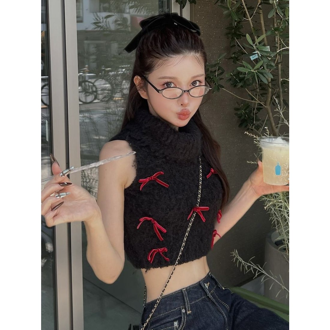 ダーリッチ Darich リボンデザインニットトップス （ブラック） -靴