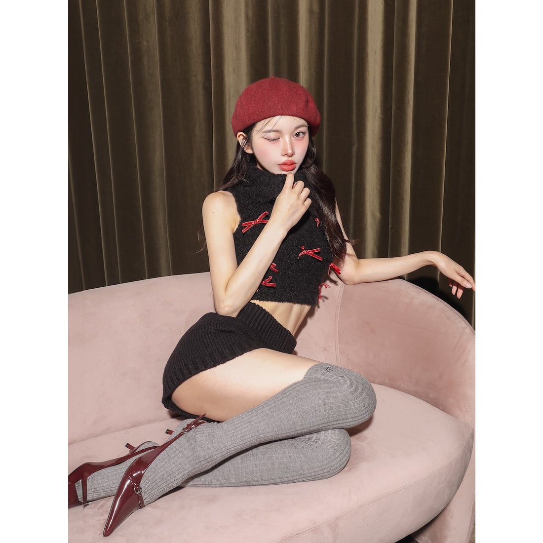 ダーリッチ Darich リボンデザインニットトップス （ブラック） -靴