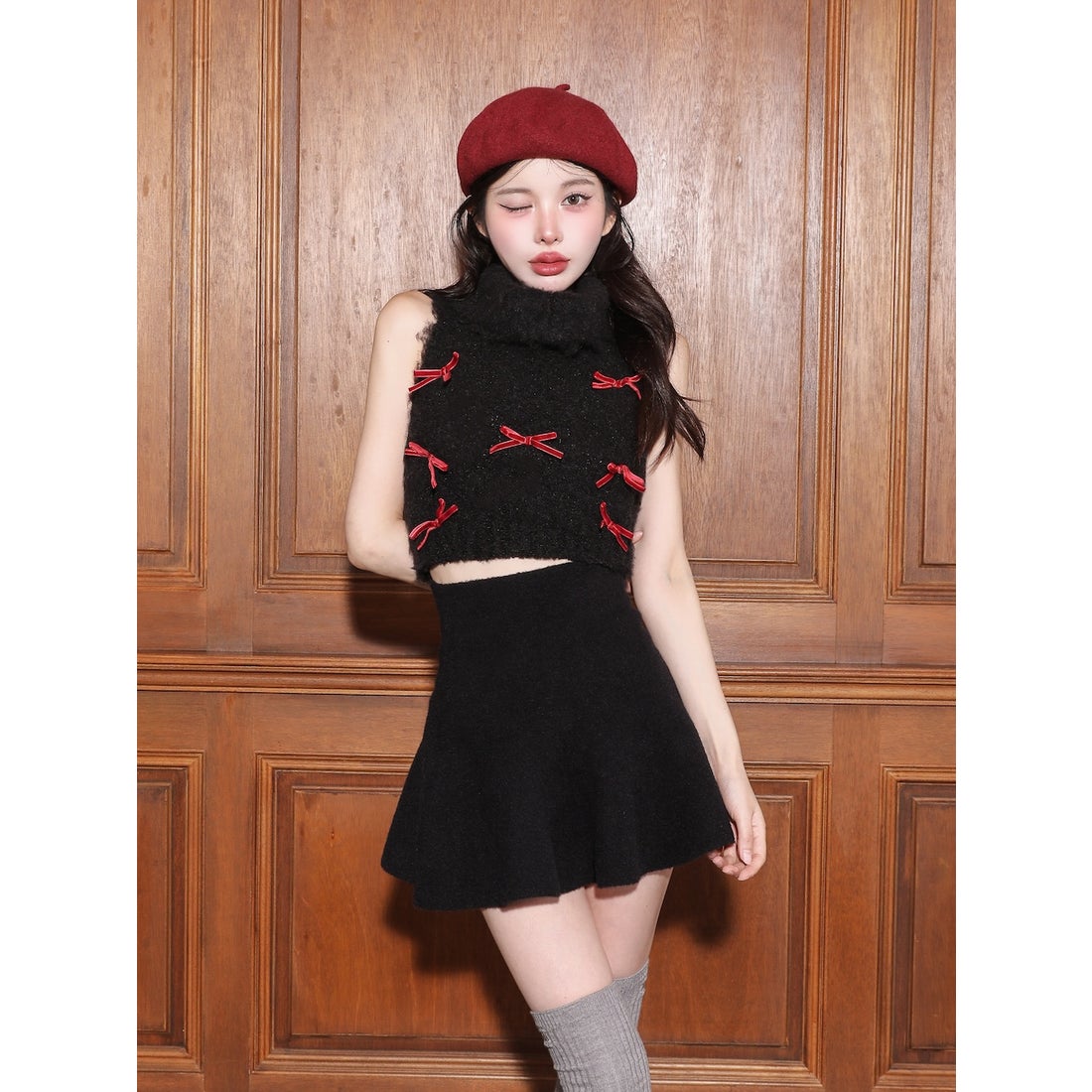 ダーリッチ Darich リボンデザインニットトップス （ブラック） -靴