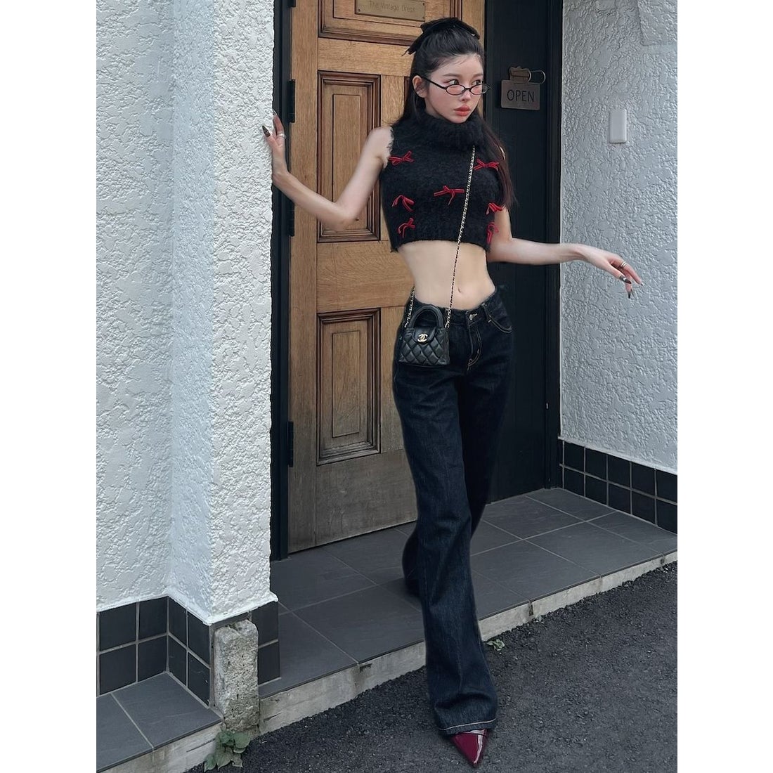 ダーリッチ Darich リボンデザインニットトップス （ブラック） -靴