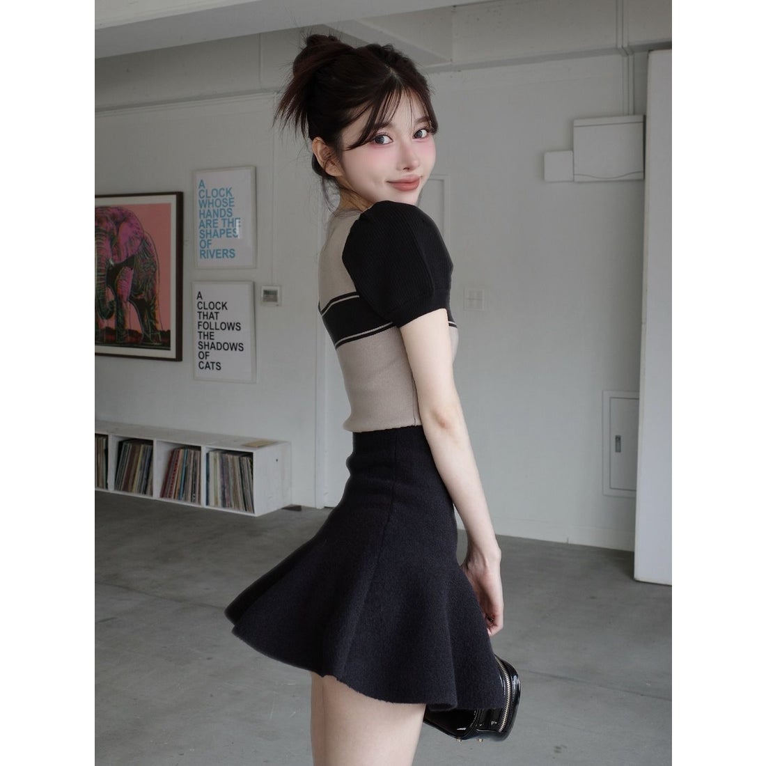 ダーリッチ Darich ハイウエストニットミニスカート （ブラック） -靴