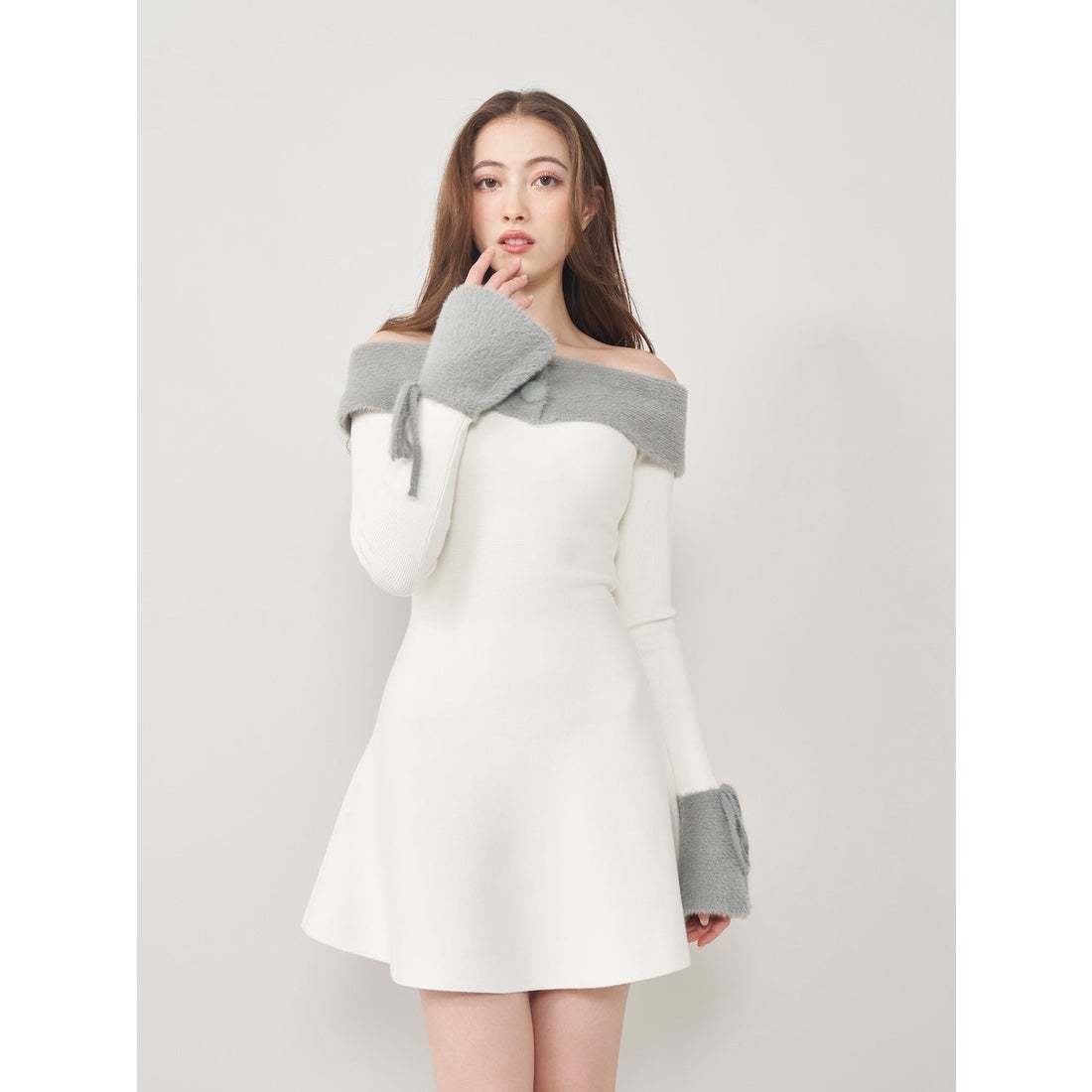 ダーリッチ Darich オフショルシャギーニットミニワンピース （グレー