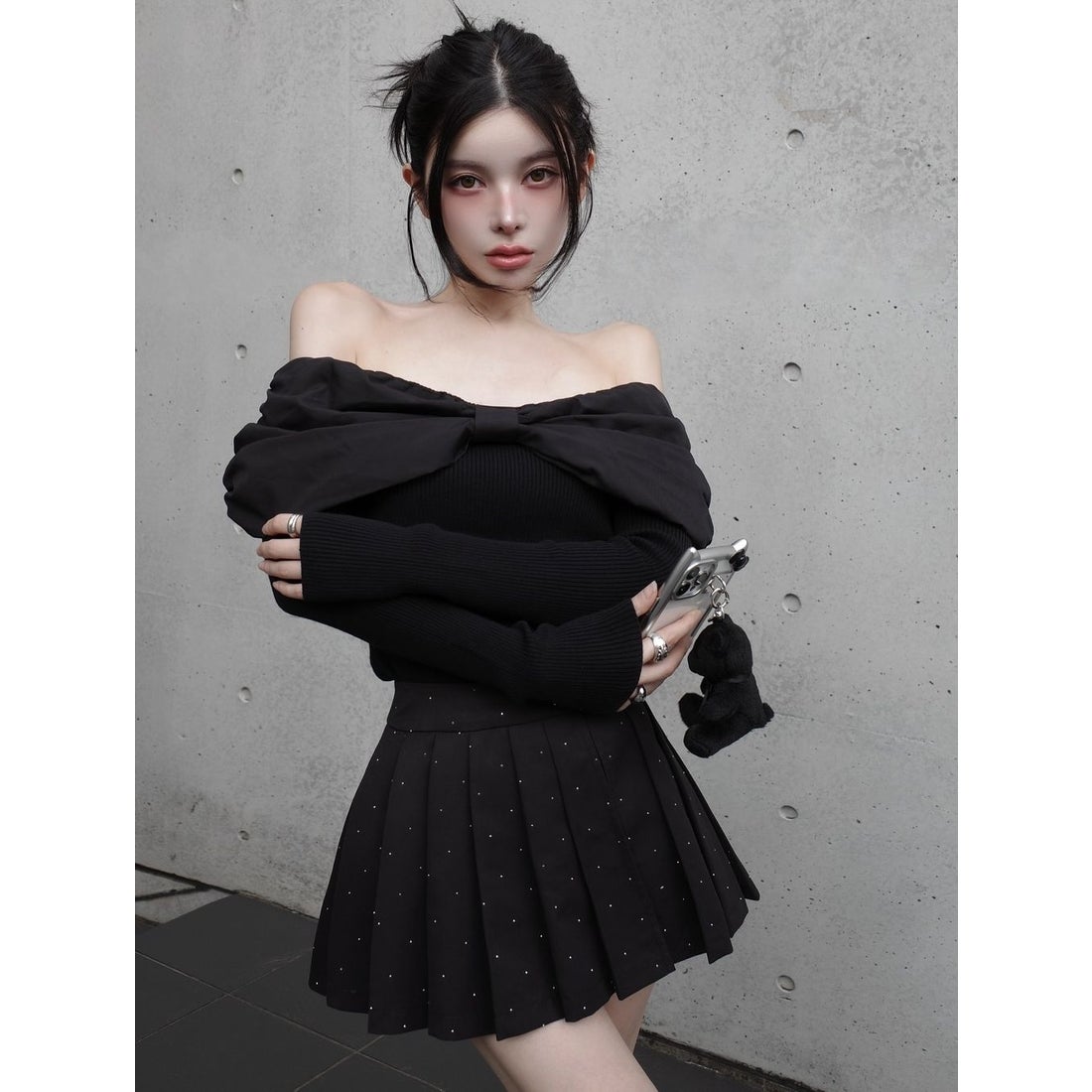 ダーリッチ Darich オフショルリボンニットトップス （ブラック） -靴