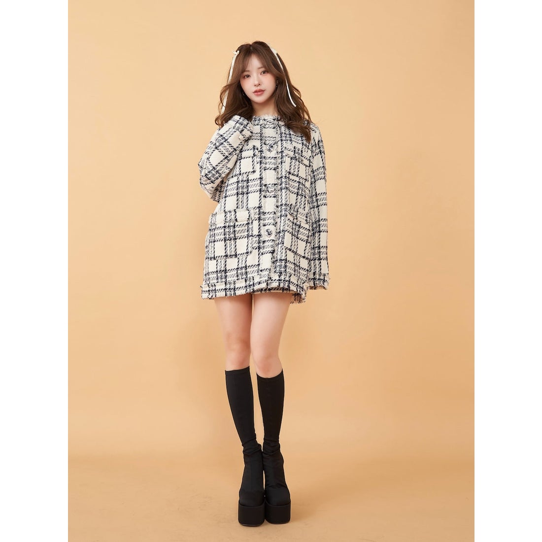 ダーリッチ Darich チェックフリンジツイードジャケット （アイボリー