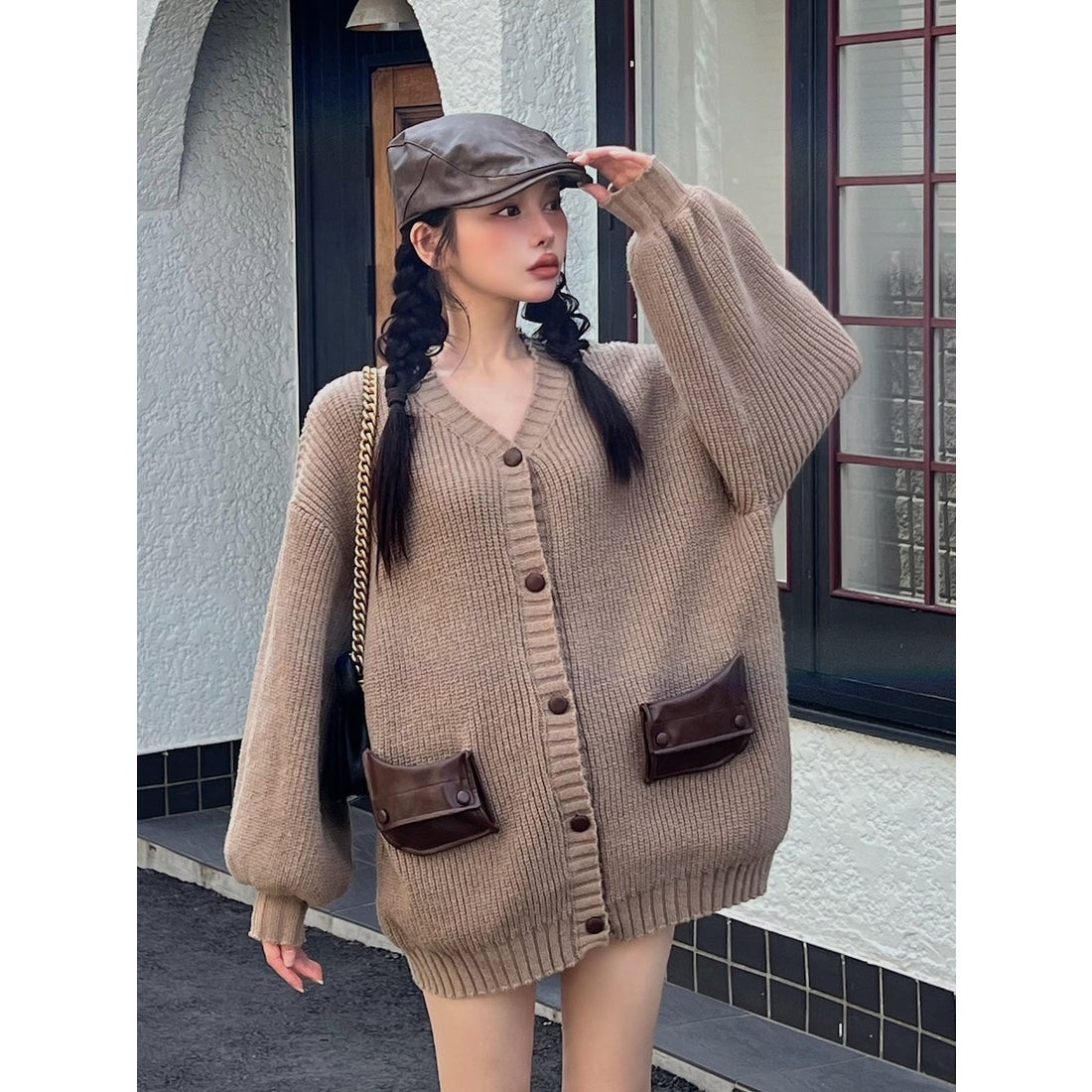 ダーリッチ Darich レザーコンビオーバーカーディガン （ピンク